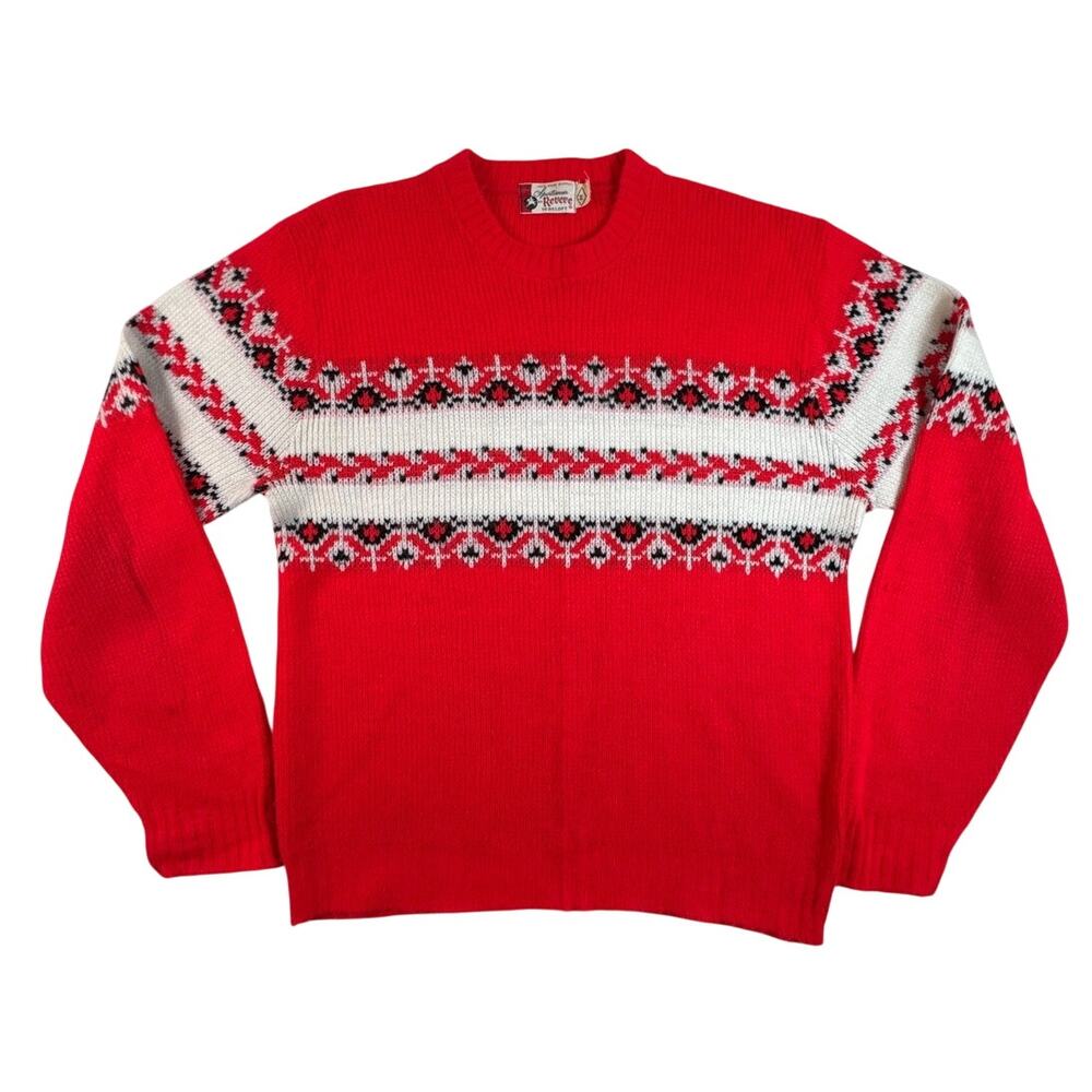 Vintage 60s Revere Vereloft Fair Isle Ski Sweater M Red Orlon Acrylic